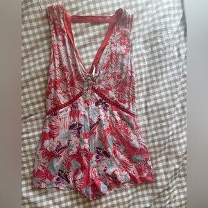 Free People Red Floral romper tank deep V XS